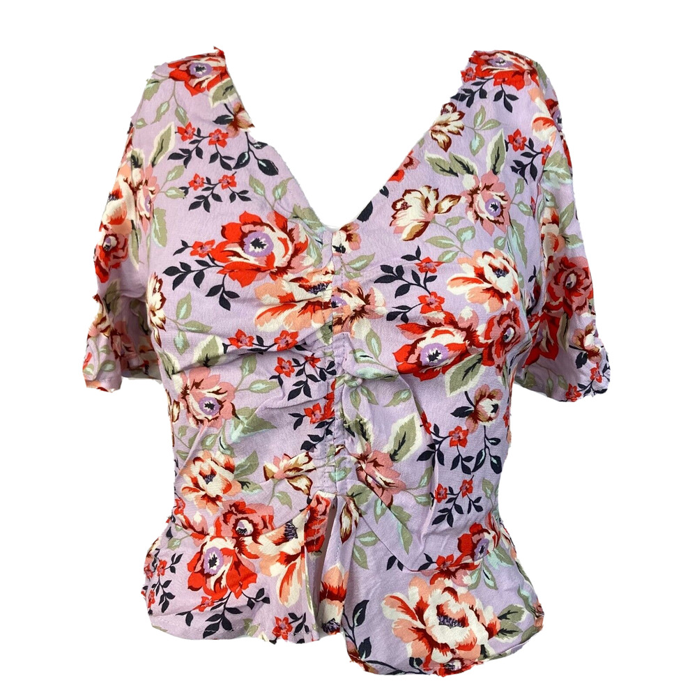 Takara Shirt Womens Sz S Purple Floral V-Neck Cinched‎ Crop Blouse Cottage